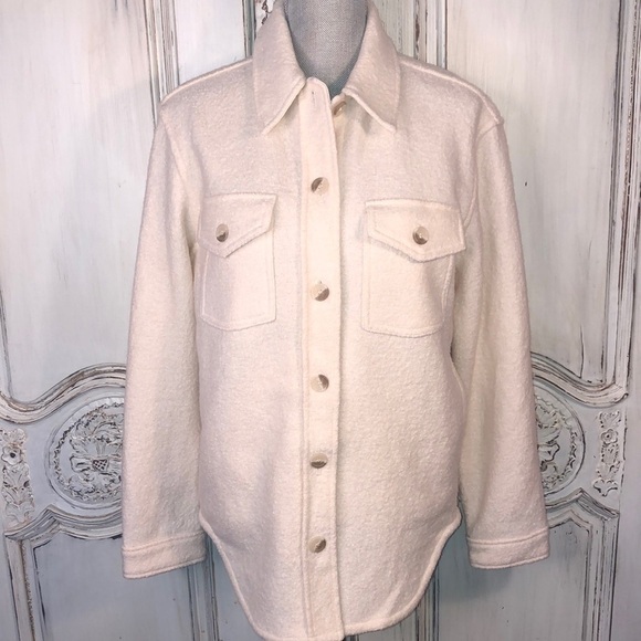 OAK & FORT Thick Rayon Wool Blend Long Sleeve Pointed Collar Button Down Shacket - Picture 1 of 15